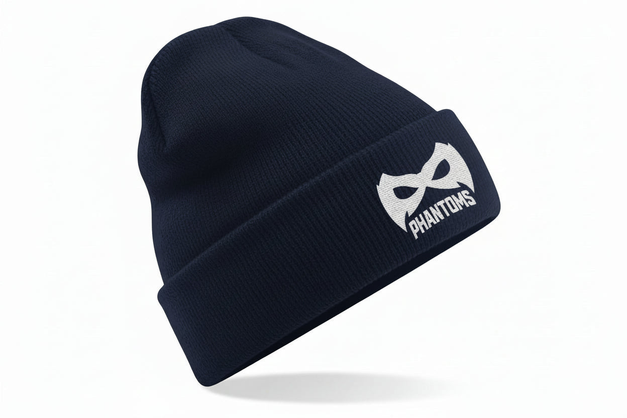 Navy beanie with a white logo on a white background